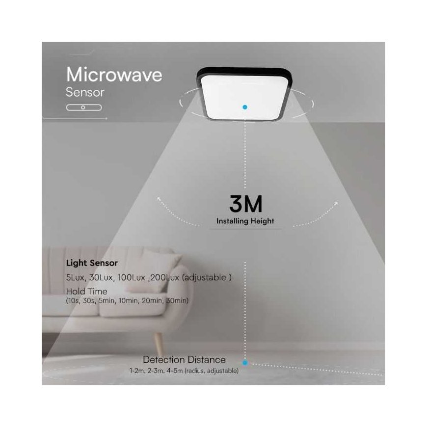 Wall lamp 18W LED surface lamp, square, black, 4000K, IP44, SAMSUNG LED chip, with motion sensor – 3