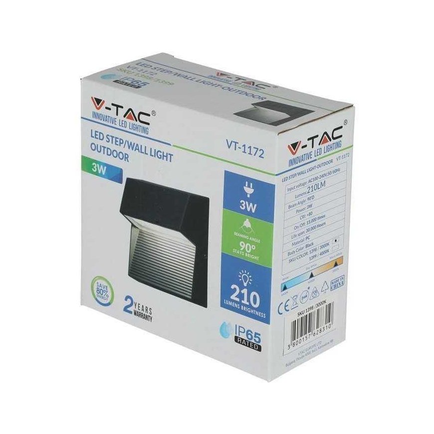 3W Wall lamp V-TAC, black body, IP65, 4000K – 3