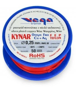 Vega Tronik Kynar hopeapinnoitettu kuparikokoelmakabeli - 0,25 mm / AWG 30 - punainen - 50m