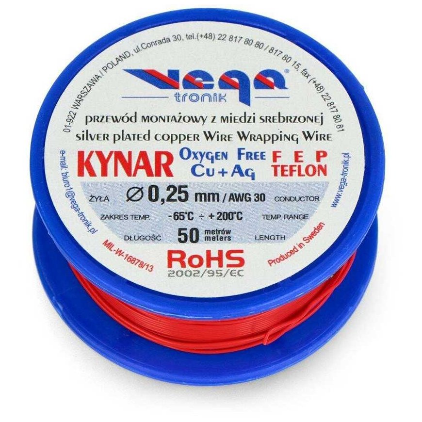 Vega Tronik Kynar silver-coated copper assembly wire - 0.25 mm / AWG 30 - red - 50m