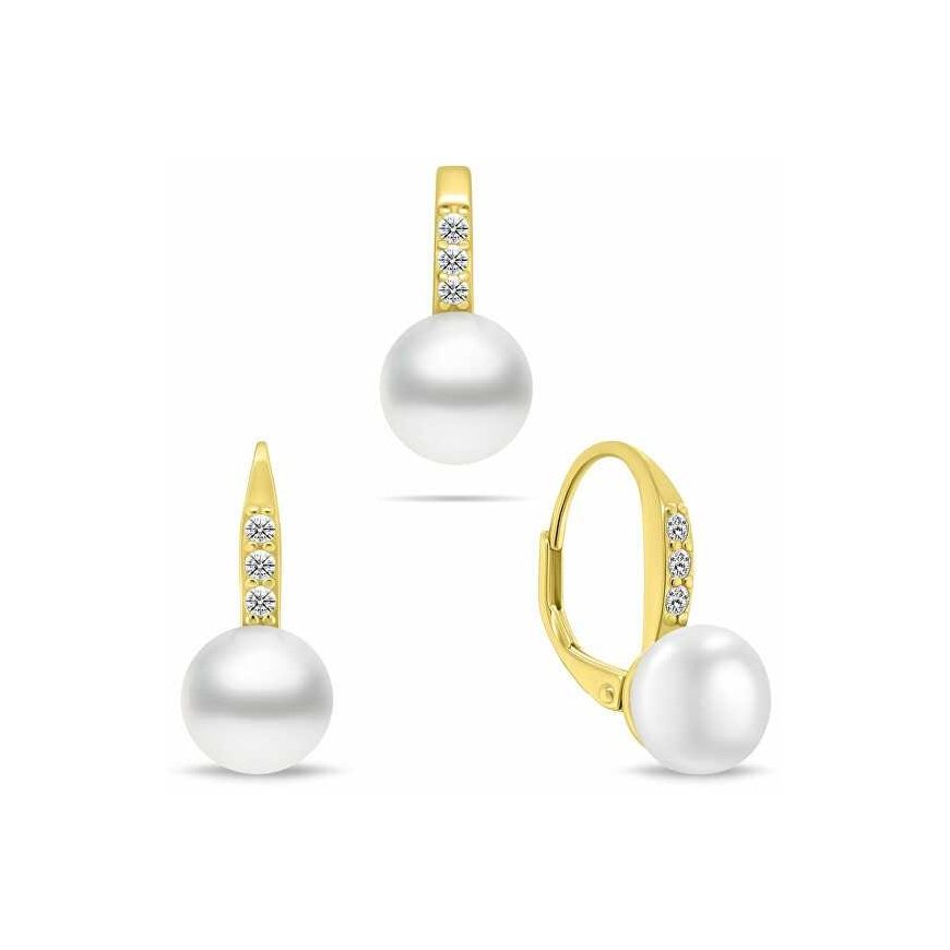 Brilio Silver Charming zelta pārklājuma rotaslietu komplekts ar pērļu SET291Y (auskari, kulons)