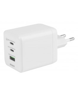 Deltaco USB GaN seinälaturi 100 W, 1x USB-A, 2x USB-C, PPS, kokonaisteho 100 W, valkoinen