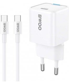 BWOO sieninis įkroviklis GaN 30W USB-C + USB-C - USB-C laidas 60W baltas