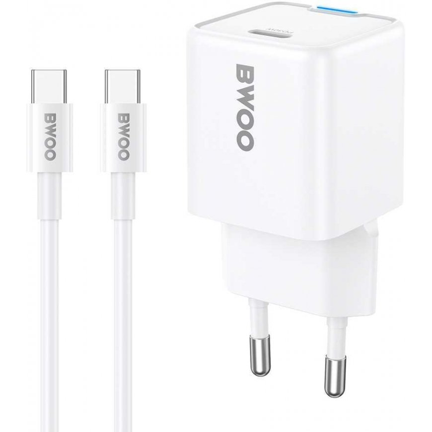 BWOO sienas lādētājs GaN 30W USB-C + USB-C - USB-C kabelis 60W balts