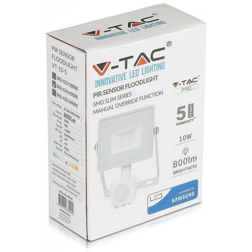 10W LED projector V-TAC, 3000K (warm white), with motion sensor, white housing, SAMSUNG LED chip – 5