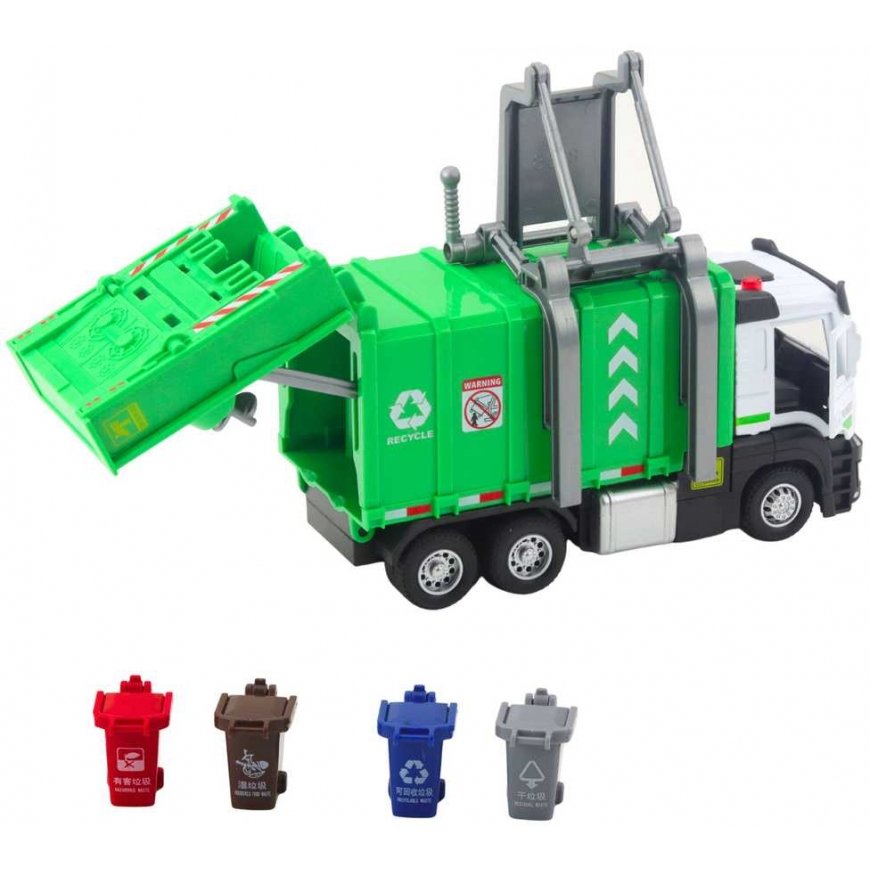 Lean Toys Garbage Truck with Motor 4 Garbage Bins Lights Sounds Green – 3