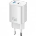 Seinälaturi USAMS CC290 T66 45W GaN 1xUSB-A 1xUSB-C hopea Seinälaturi USAMS CC290 T66 45W GaN 1xUSB-A 1xUSB-C hopea