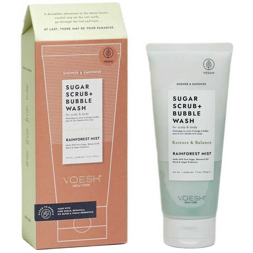 „Clinique VOESH_Sugar Scrub + Bubble Wash“ šveitiklis ir putos galvos odai ir kūnui, „Rainforest Mist“, 210 g