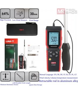 Anemometer 0~30m/s -20~70C 0~999900m³/min, selectable duct shape, UNI-T