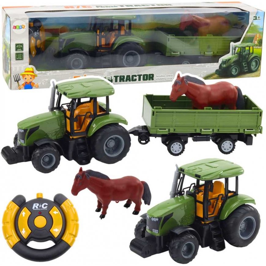 Lean Toys Valdymo pulteliu valdomas traktorius su priekaba ir arklio figūrėle