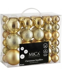 DEKORATĪVIE PLASTMASAS BUMBULI DROŠĪBAS KASTĒ 46 GAB. ZELTA KRĀSĀ MICA