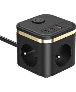 Vikingu toiteadapter YC33, 3x 230 V, 1x USB-A, 2x USB-C, ON/OFF nupp, pikkus 1,4 m, must