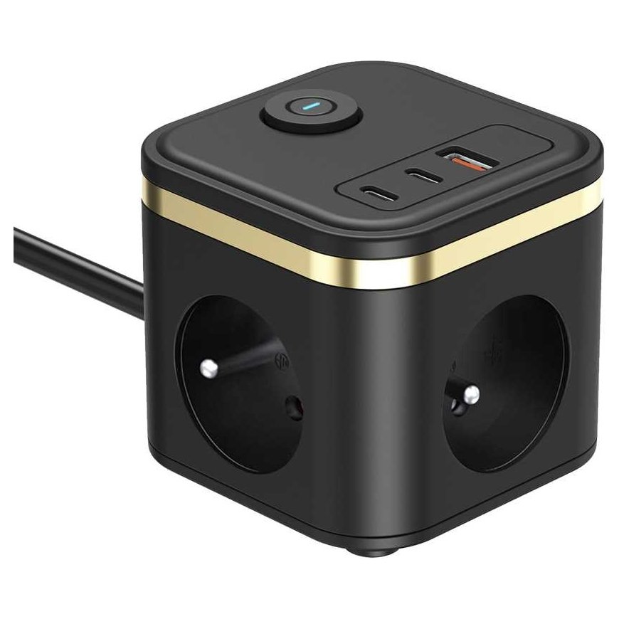 Адаптер питания Viking YC33, 3x 230 В, 1x USB-A, 2x USB-C, кнопка ВКЛ/ВЫКЛ, длина 1,4 м, черный