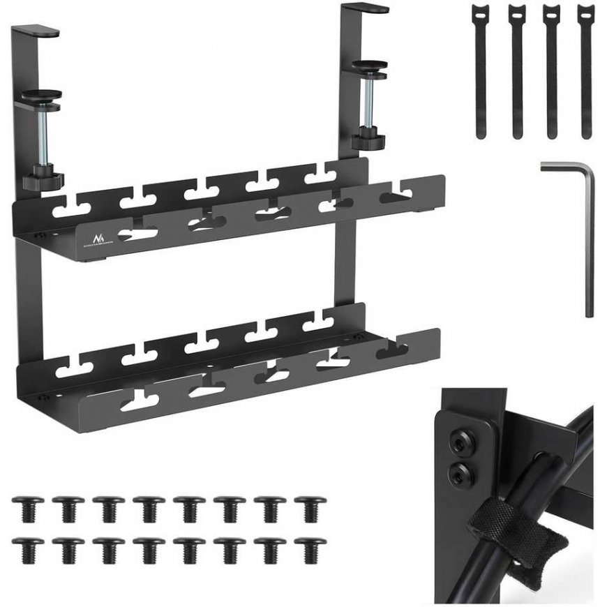 The Maclean under-desk cable organizer, max load 5kg, 2 levels, black, MC-104 B