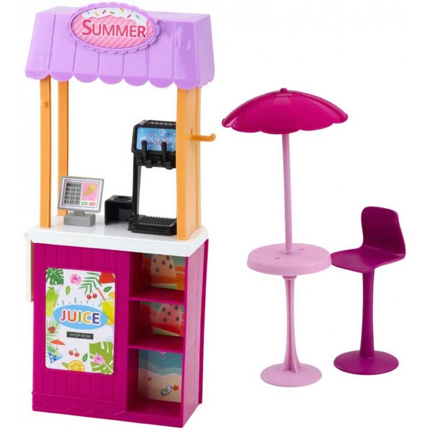 Lean Toys Anlily -nukke setti rannalla uima-altaan, palmun, juomakioskin ja tarvikkeiden kanssa – 3