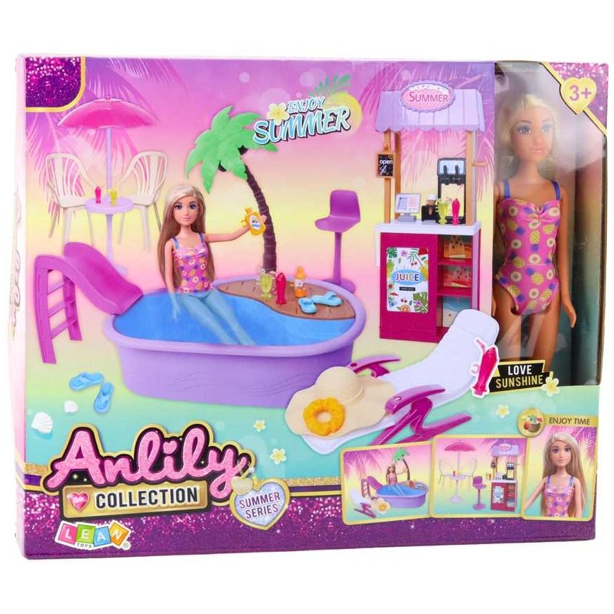 Lean Toys Anlily nuku komplekt rannas basseini, palmi, joogiputka ja aksessuaaridega – 5