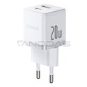 Baseus Palm 20W USB-C USB-A Seinälaite - Valkoinen Baseus Palm 20W USB-C USB-A Seinälaite - Valkoinen
