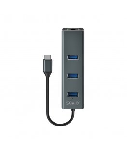 Savio AK-57 USB-C - 3 x USB-A HUB with RJ-45 Gigabit Ethernet adapter 5000 Mbit/s grey