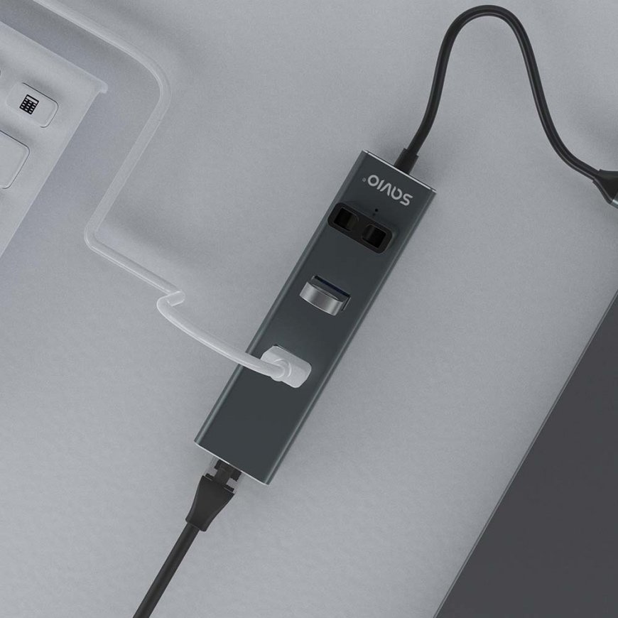 Savio AK-57 USB-C - 3 x USB-A HUB with RJ-45 Gigabit Ethernet adapter 5000 Mbit/s grey – 4