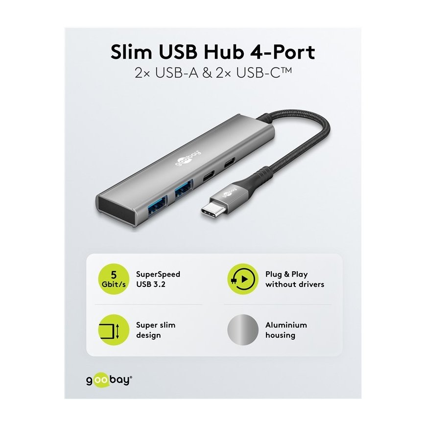 Goobay 76563 Slim 4-Port USB Hub, USB-C™ to USB-C™/USB-A – 4
