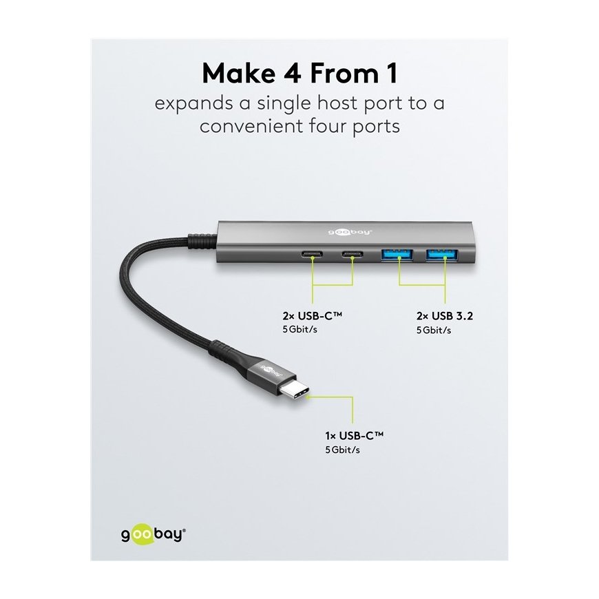 Goobay 76563 Slim 4-Port USB Hub, USB-C™ to USB-C™/USB-A – 5