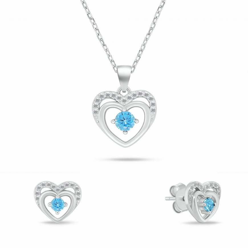 Brilio Silver Delicate silver jewelry set Hearts with light blue zircons SET295WAQ (pendant, earrings)