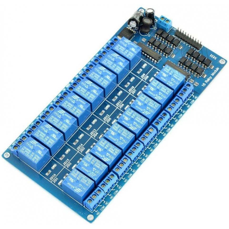 Oem 16 kanalų relės modulis su optoizoliacija - 10A/250VAC kontaktai - 12V ritė