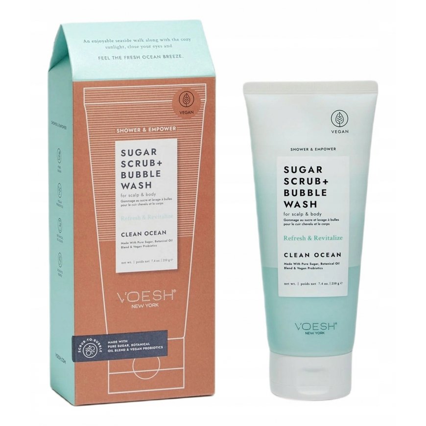 „Clinique VOESH_Sugar Scrub + Bubble Wash“ šveitiklis „Clean Ocean“ 210 g
