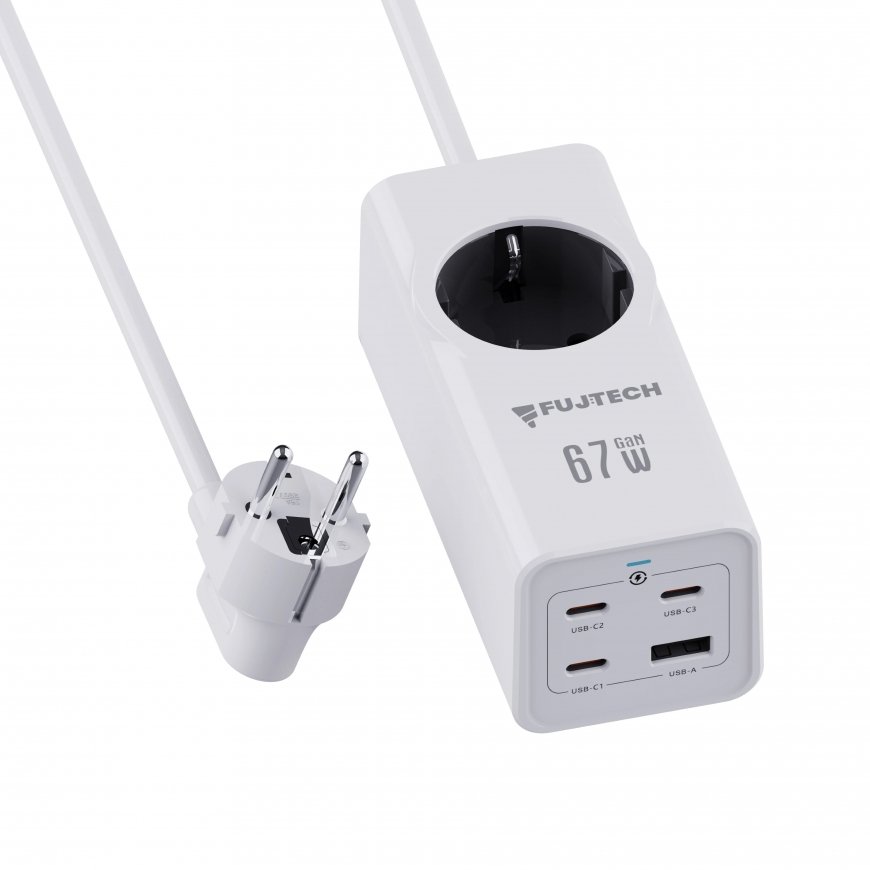 Fuj:tech 5-piece 67W GaN extension cord with 4 USB ports, 2 m, white