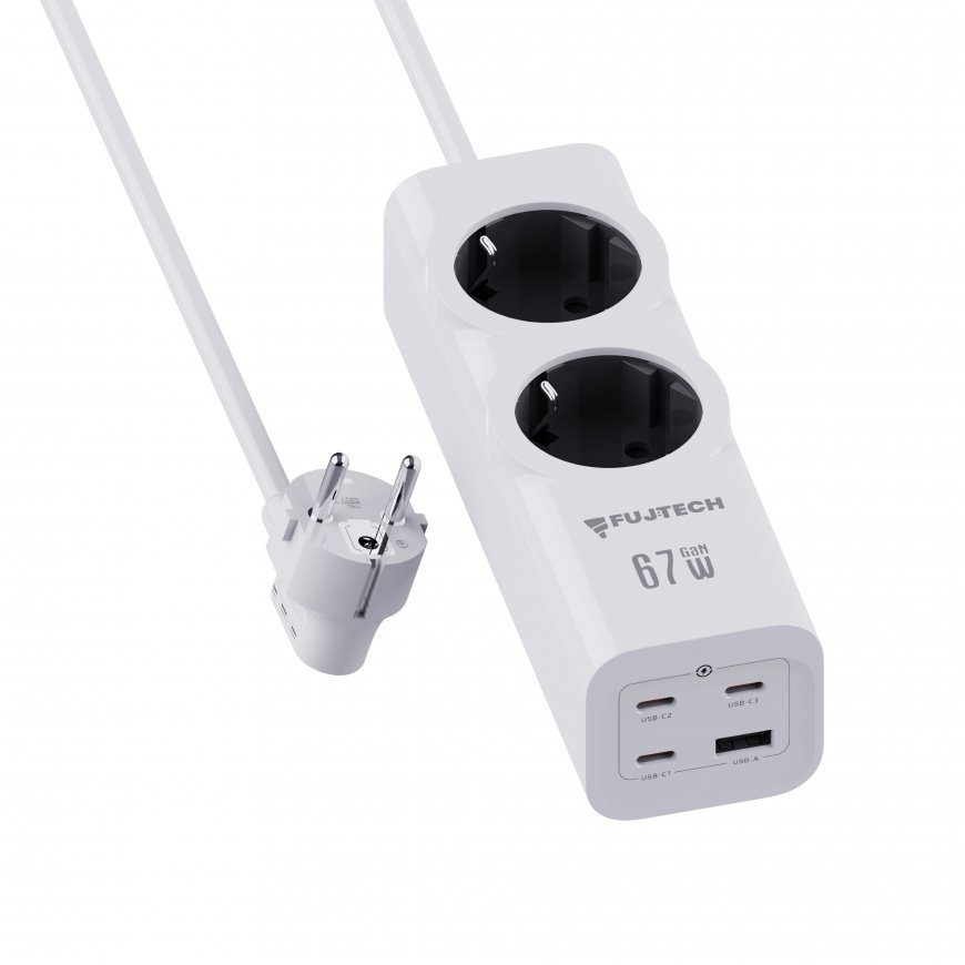 Fuj:tech 6-osaline 67W GaN pikendusjuhe 4 USB-portiga, 2 m, valge