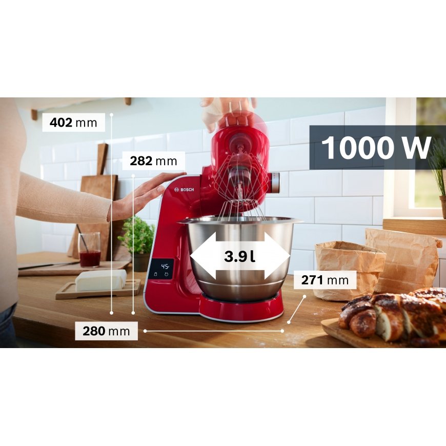 Bosch Serie 4 MUM5X720 virtuvinis kombainas 1000 W 3,9 L Raudona, Sidabras Įmontuotos svarstyklės – 2