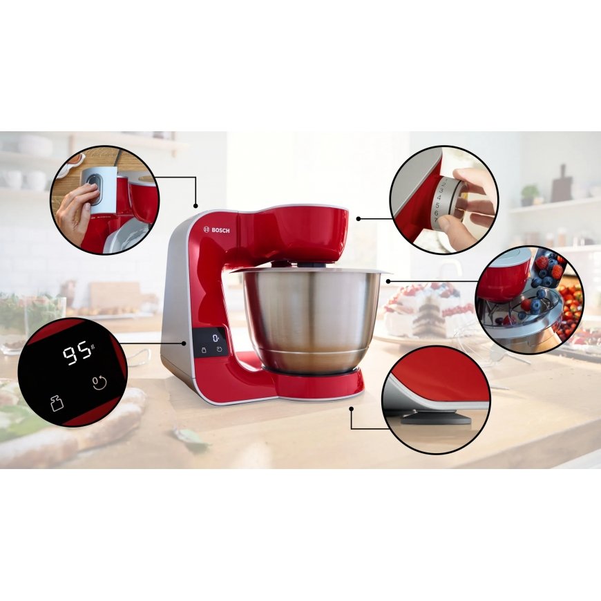 Bosch Serie 4 MUM5X720 pārtikas pārstrāde 1000 W 3,9 L Sarkans, Sudrabs Iebūvēti svari – 4