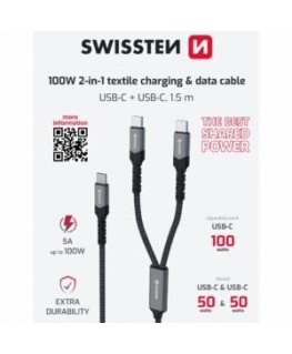 Swissten 2в1 Зарядный USB-C / 2x USB-C Кабель 100W 1.5м
