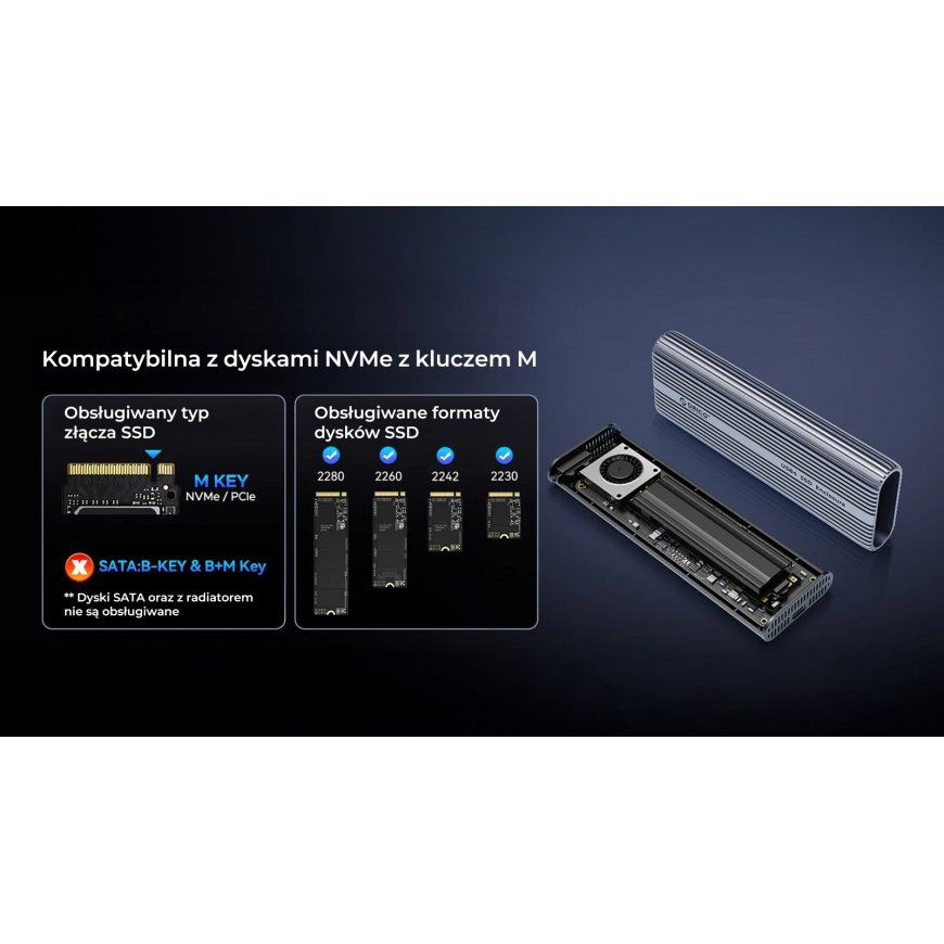 Orico SSD M.2 NVMe korpuss, USB-C 40 Gbps, ar ventilatoru, metāla sp.