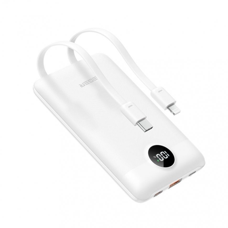 VEGER powerbank 10000 mAh sisseehitatud kaablitega Type C / Lightning PD QC3.0 2A 22,5W C11C (W1170) valge