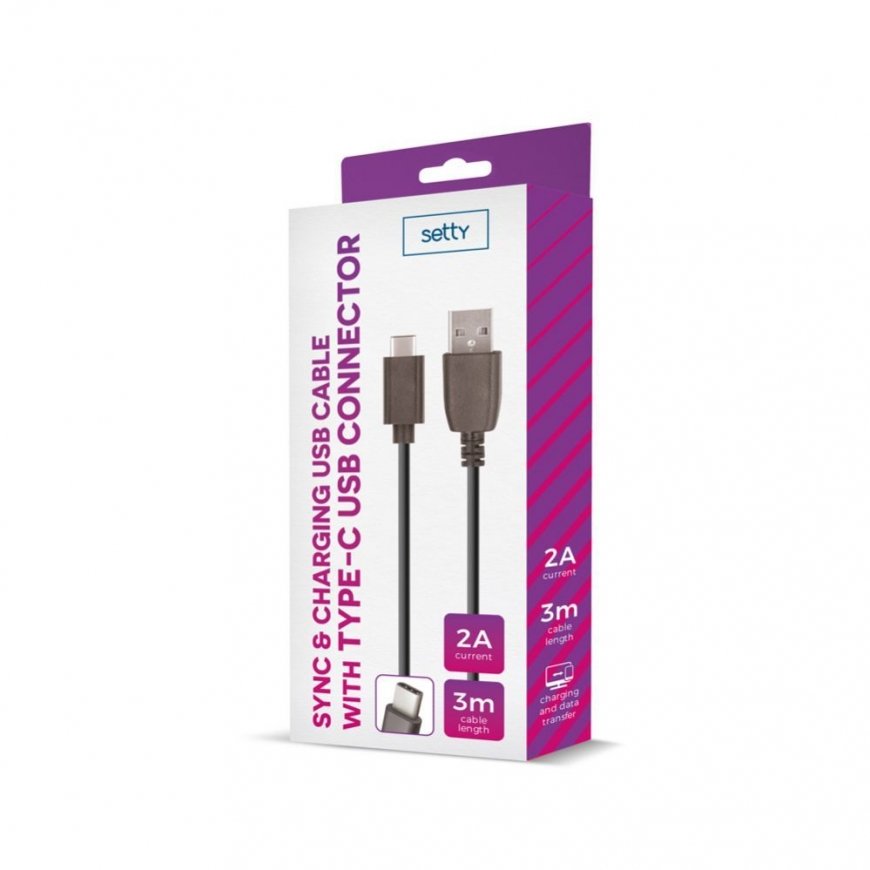 Yleinen USB-kaapeli 3m 2A tyyppi-C musta