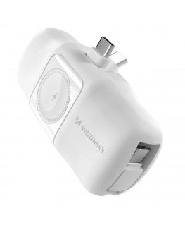Wozinsky WF16-YCS 5000mAh 15W USB-C Mini Power Bank ar iebūvētu USB-C kabeli un Apple Watch lādētāju - Balts