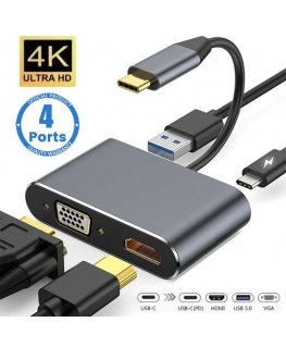 Riff 4in1 Adapteris konverteris USB-C į HUB PD + HDMI + VGA + USB 3.0