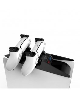 Kaksiklaadimise jaam Sony PlayStation 5 PS5 kontrollerite jaoks, konsooli kuju, must-valge