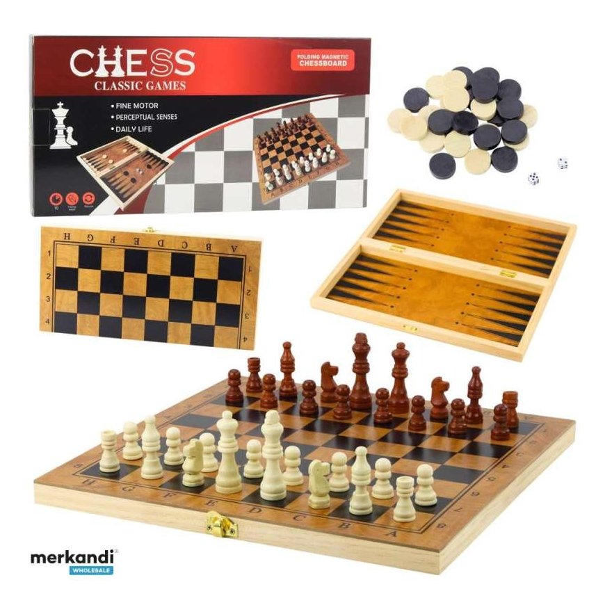 Lean Toys Wooden Game Set: chess, checkers, backgammon, 34x34 cm