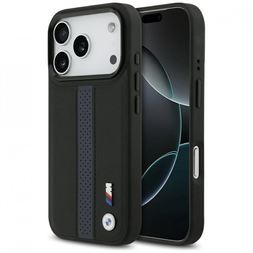BMW M perforatsiooniga triibulogo MagSafe ümbris iPhone 17 Pro jaoks sinine
