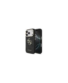 Guess PU odos 4G metalinis logotipas auksinės spalvos rėmelis dėklas skirtas Apple iPhone 17 Pro juodos spalvos