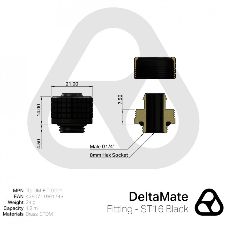 Thermal Grizzly DeltaMate Fitting - ST16, melns – 2