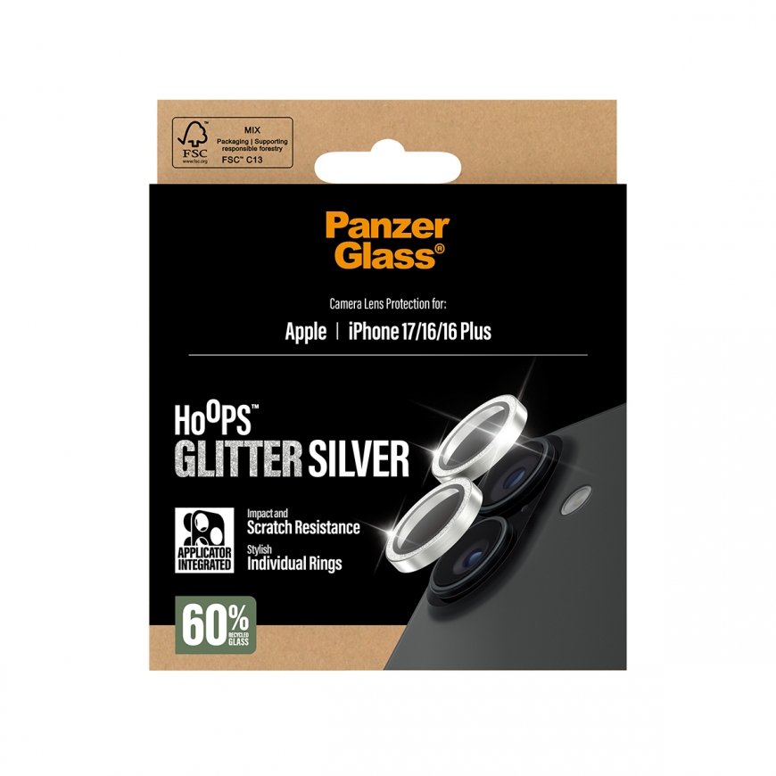 PanzerGlass ® Hoops® Glitter Silver Camera Lens Protector iPhone 17 | iPhone 16 | 16 Plus – 3
