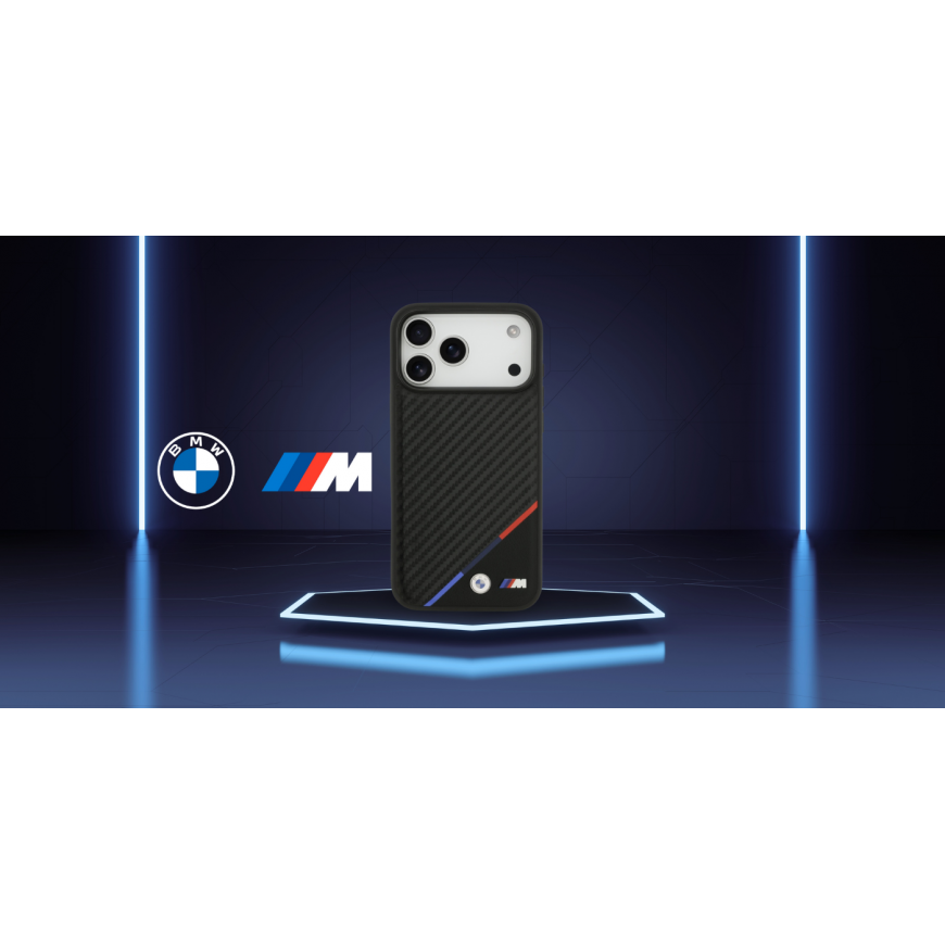 Dėklas BMW M Carbon Tricolor Line MagSafe, mis on mõeldud Apple iPhone 17 Pro Max mustas värvuses