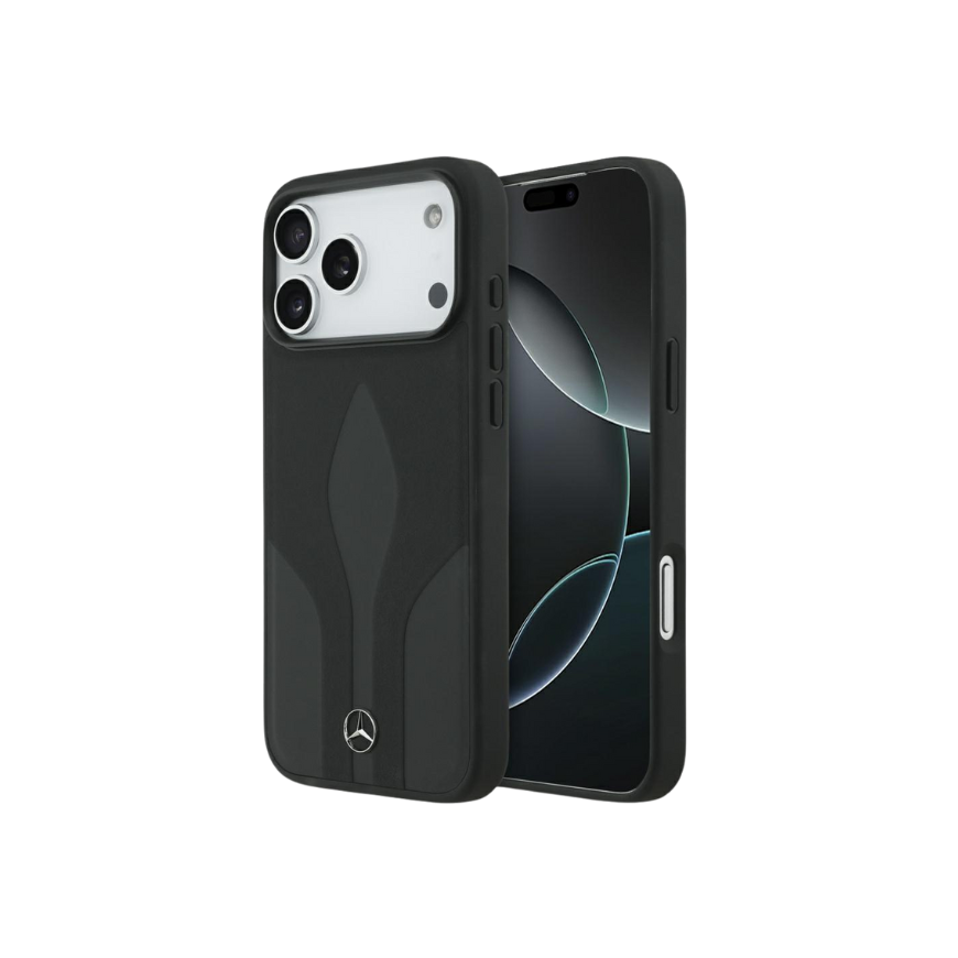 Dėklas Mercedes Leather The Move MagSafe, mis on mõeldud Apple iPhone 17 Pro Max mustas värvitoonis