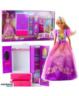 Lean Toys Nukke Anlily vaatekaapilla ja tarvikkeilla, 24 kpl.