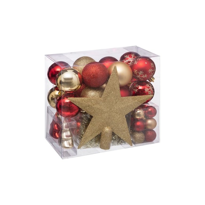 Set of 44 Christmas tree baubles + star, red-gold