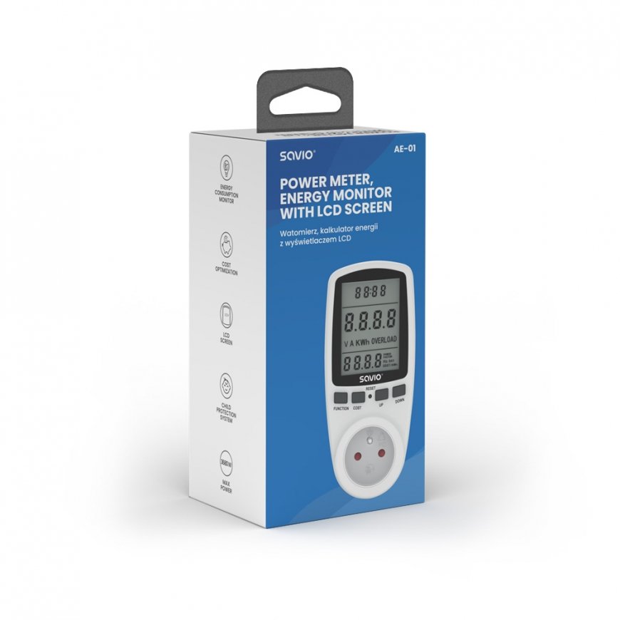 Savio AE-01 vatmetrs Melns, Balts Plastmasa Iebūvēta displeja LCD 3680 - 3680 W – 4