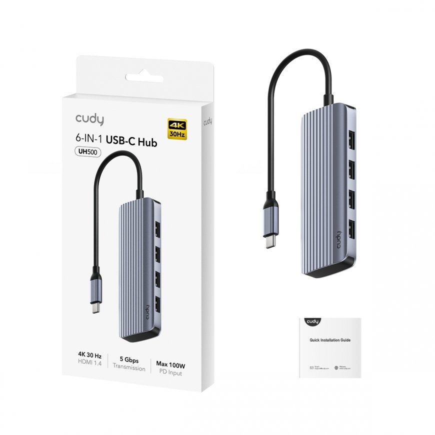 Cudy UH500 sąsajos šakotuvas USB 3.2 Gen 1 (3.1 Gen 1) Type-C 5000 Mbit/ai Pilka, Sidabras – 4